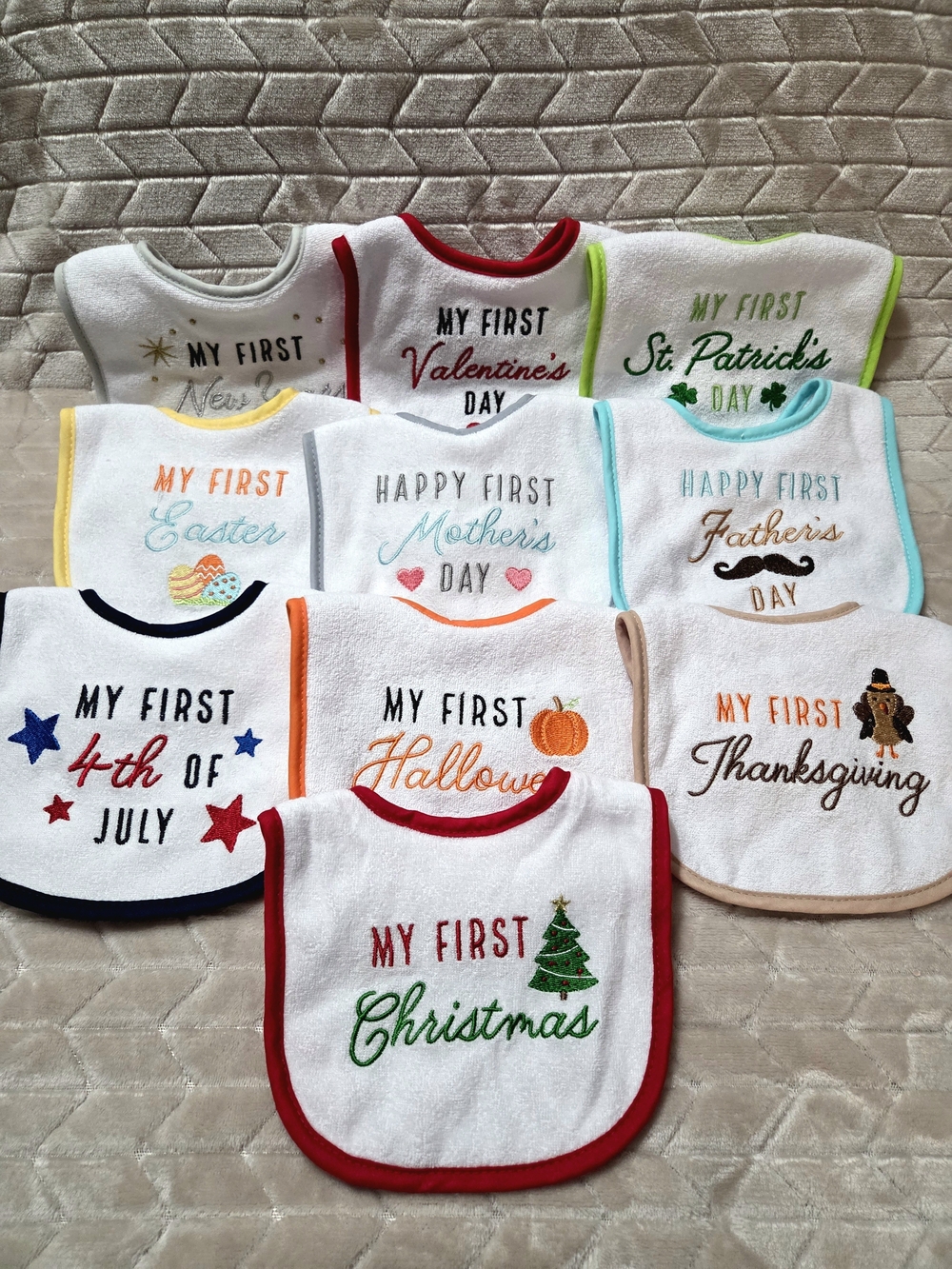 Baby Holiday Bib Set - My First Christmas Red Trim- Brand New Without Tags